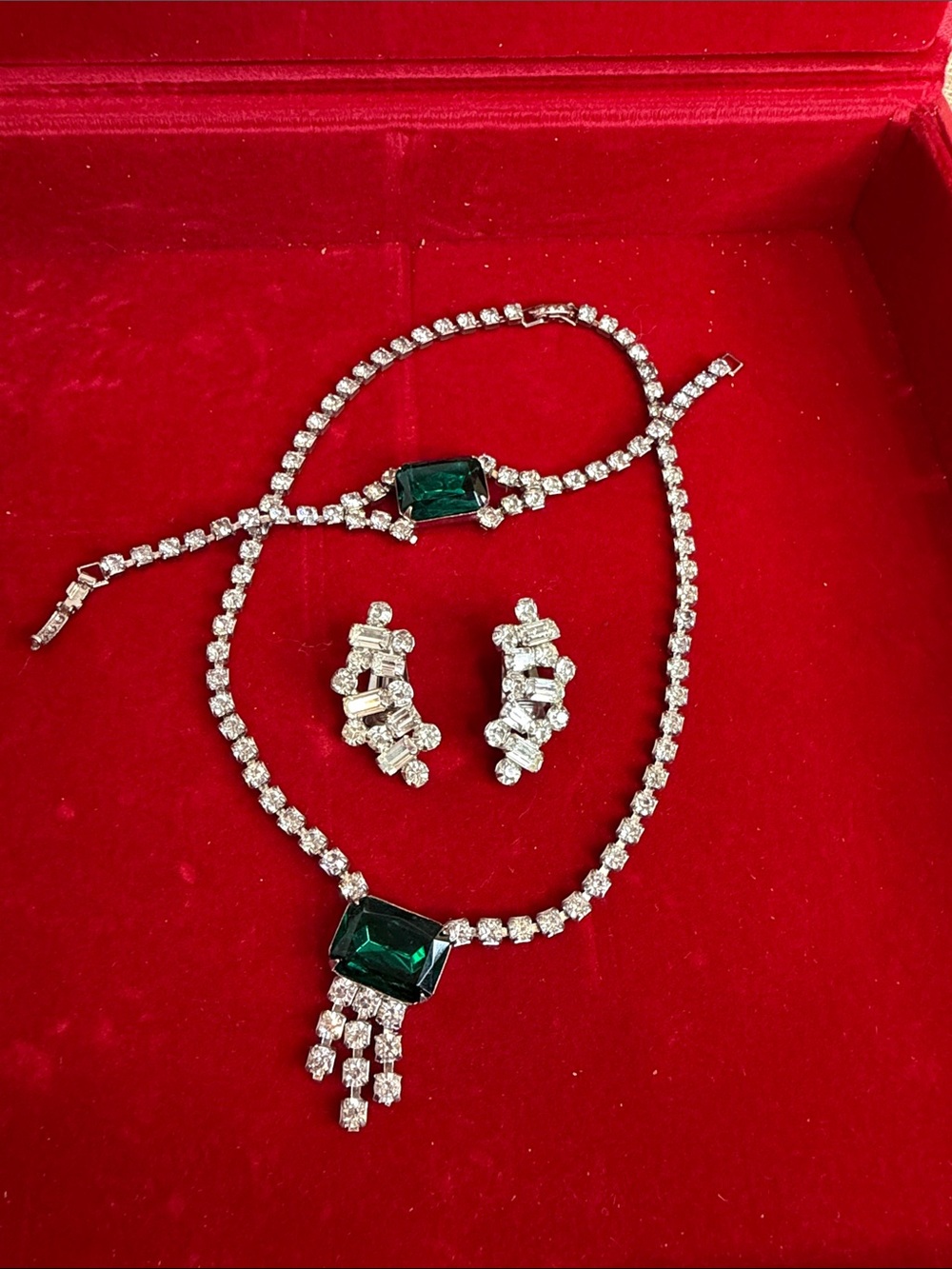 Vintage Emerald Centerpiece Rhinestone Necklace, Bracelet, & Earring Set